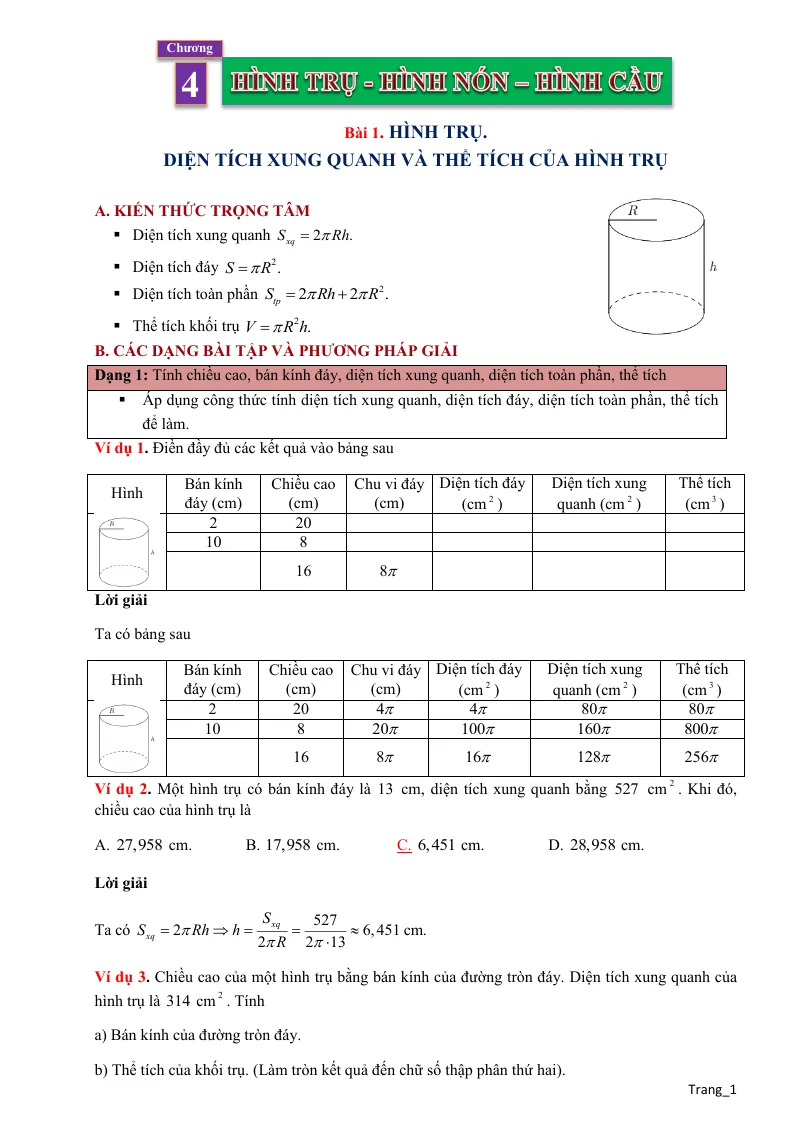 Phương Pháp Giải Hình 9 Hình Trụ - Diện Tích Xung Quanh Và Thể Tích Hình Trụ