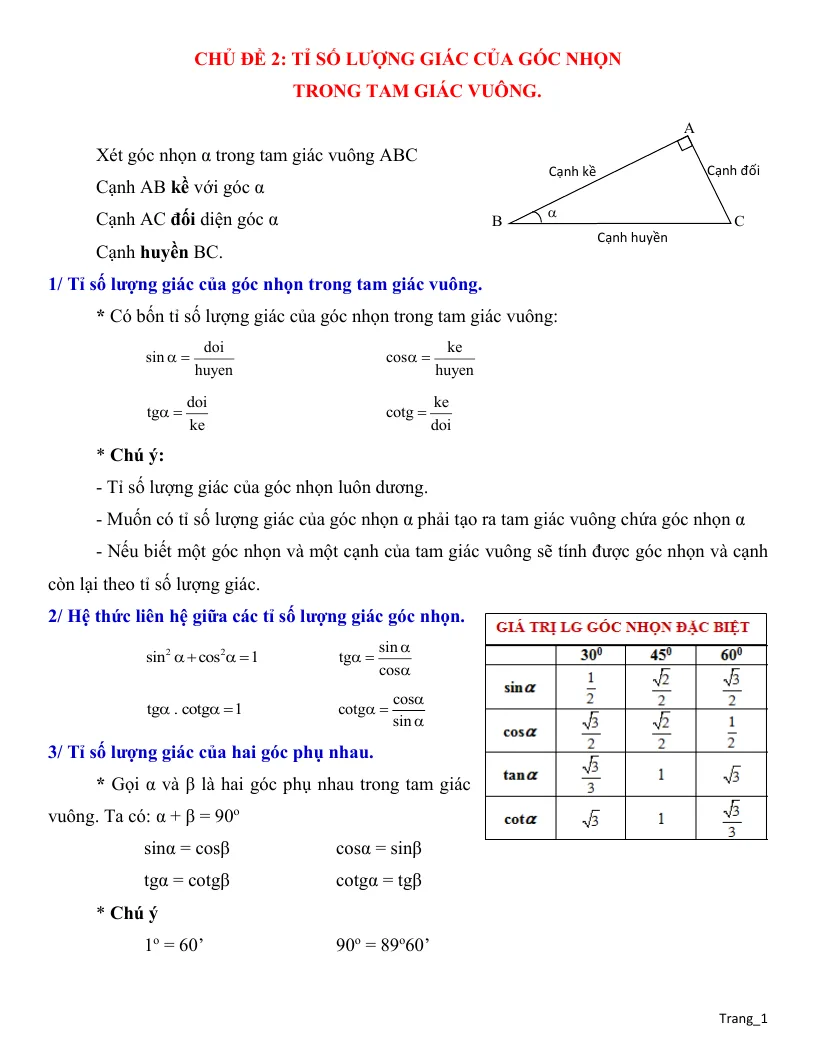 Phương Pháp Giải Tỉ Số Lượng Giác Góc Nhọn Có Lời Giải Lớp 9