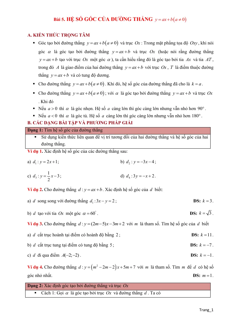 Phương Pháp Giải Toán 9 Hệ Số Góc Của Đường Thẳng y=ax+b