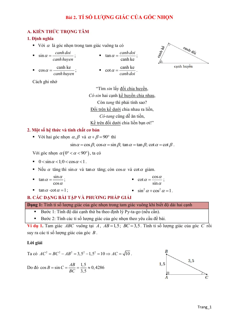 Phương Pháp Giải Hình 9 Tỉ Số Lượng Giác Của Góc Nhọn