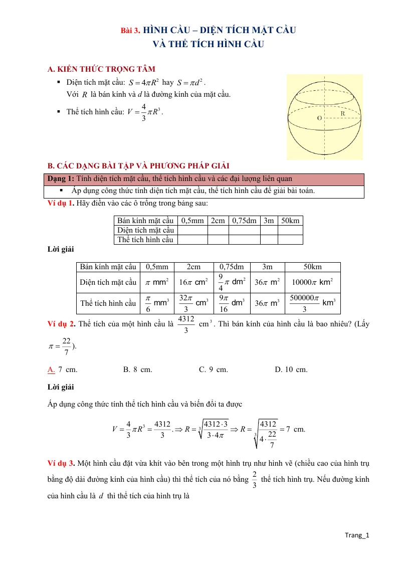 Phương Pháp Giải Hình 9 Hình Cầu - Diện Tích Mặt Cầu Và Thể Tích Khối Cầu