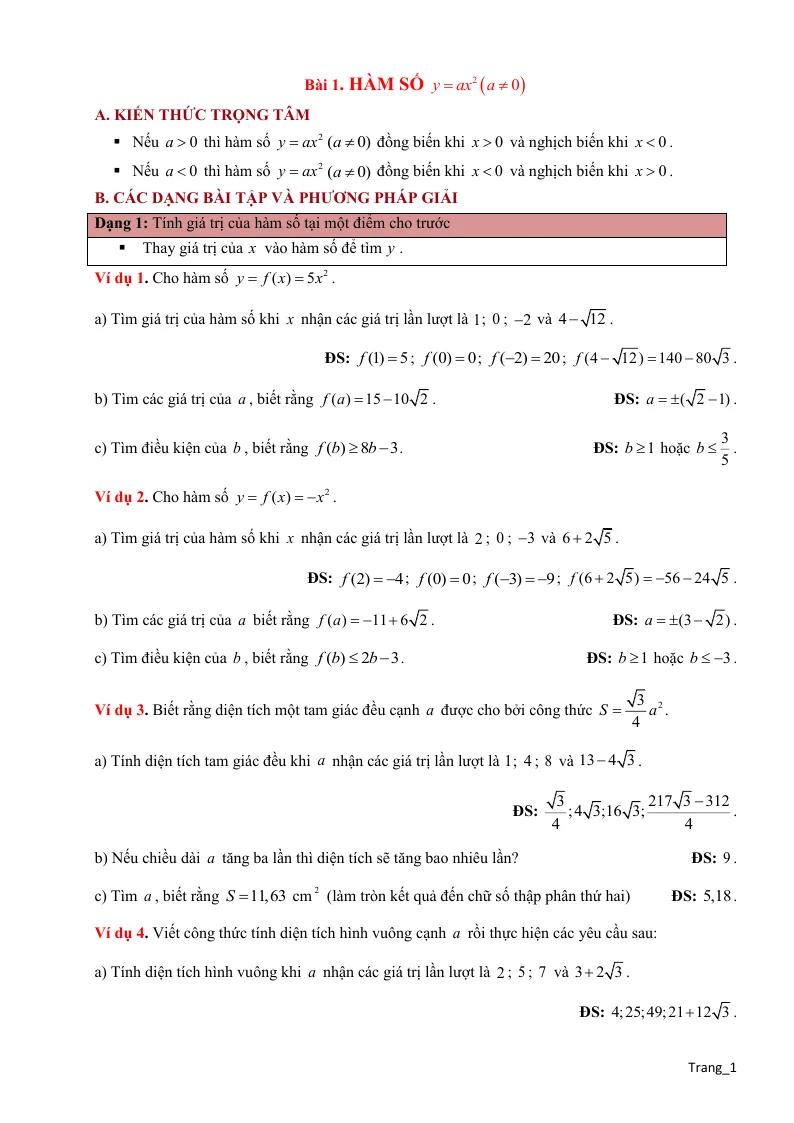 Phương Pháp Giải Toán 9 Hàm Số $y = a{x^2}$