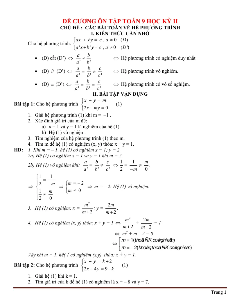 Đề Cương Ôn Thi Toán 9 Học Kỳ 2