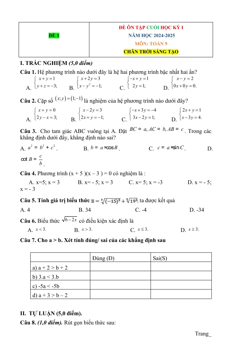 55 Đề Kiểm Tra Cuối Học Kỳ 1 Toán 9 2024 - 2025