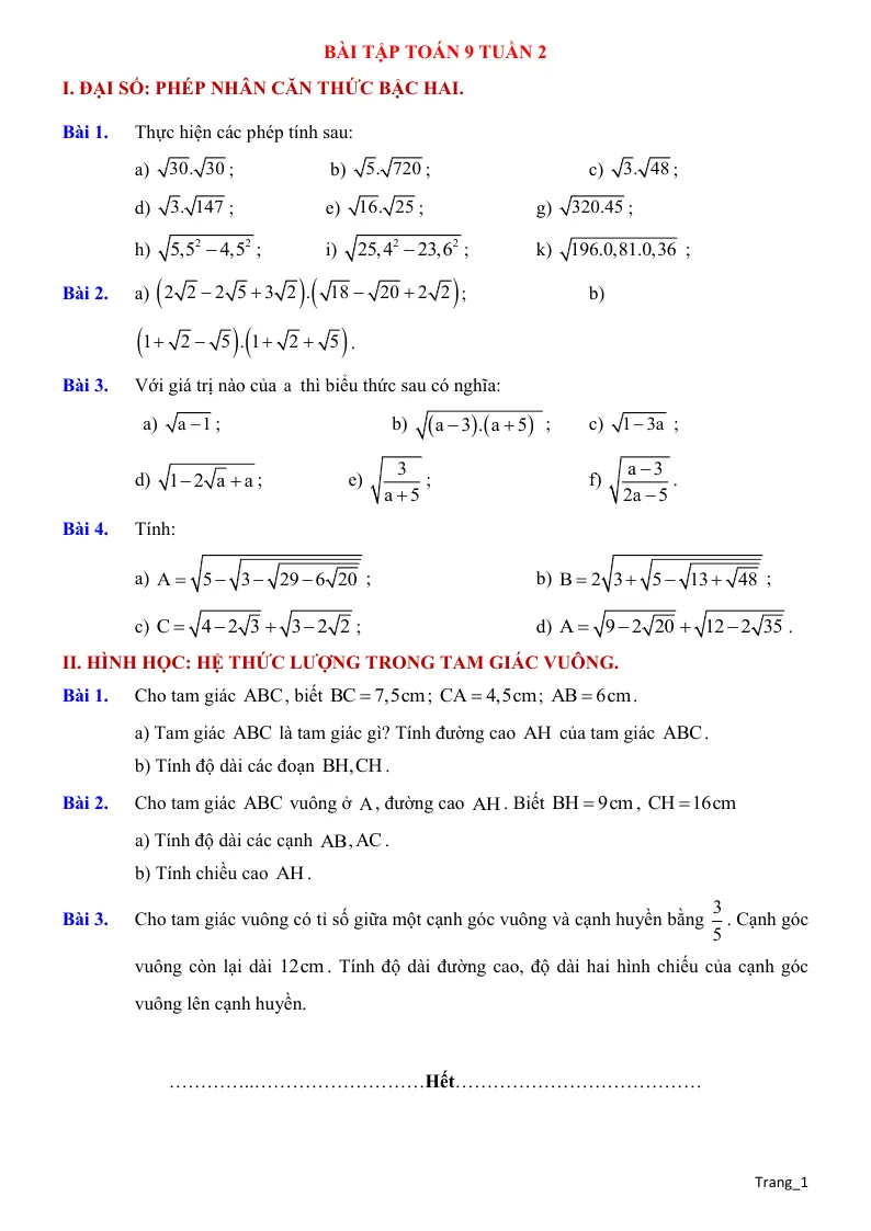 Bài Tập Toán 9 Tuần 2