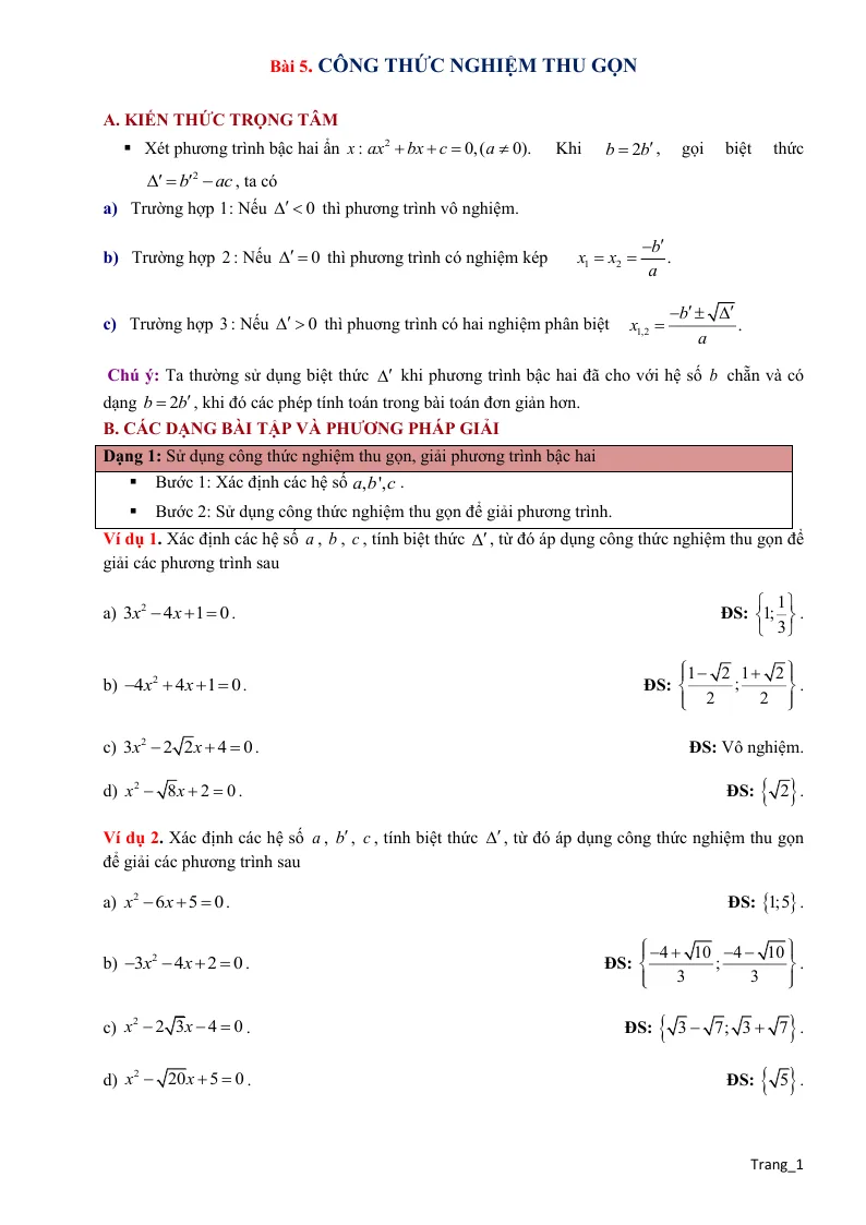 Phương Pháp Giải Toán 9 Công Thức Nghiệm Thu Gọn