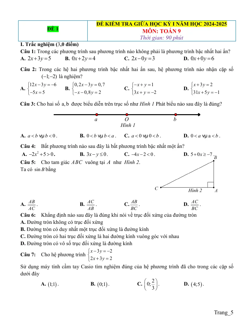 10 Đề Kiểm Tra Giữa HK1 Toán 9