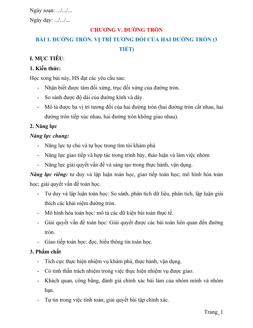 Giáo Án Toán 9 Chương 5 Đường Tròn
