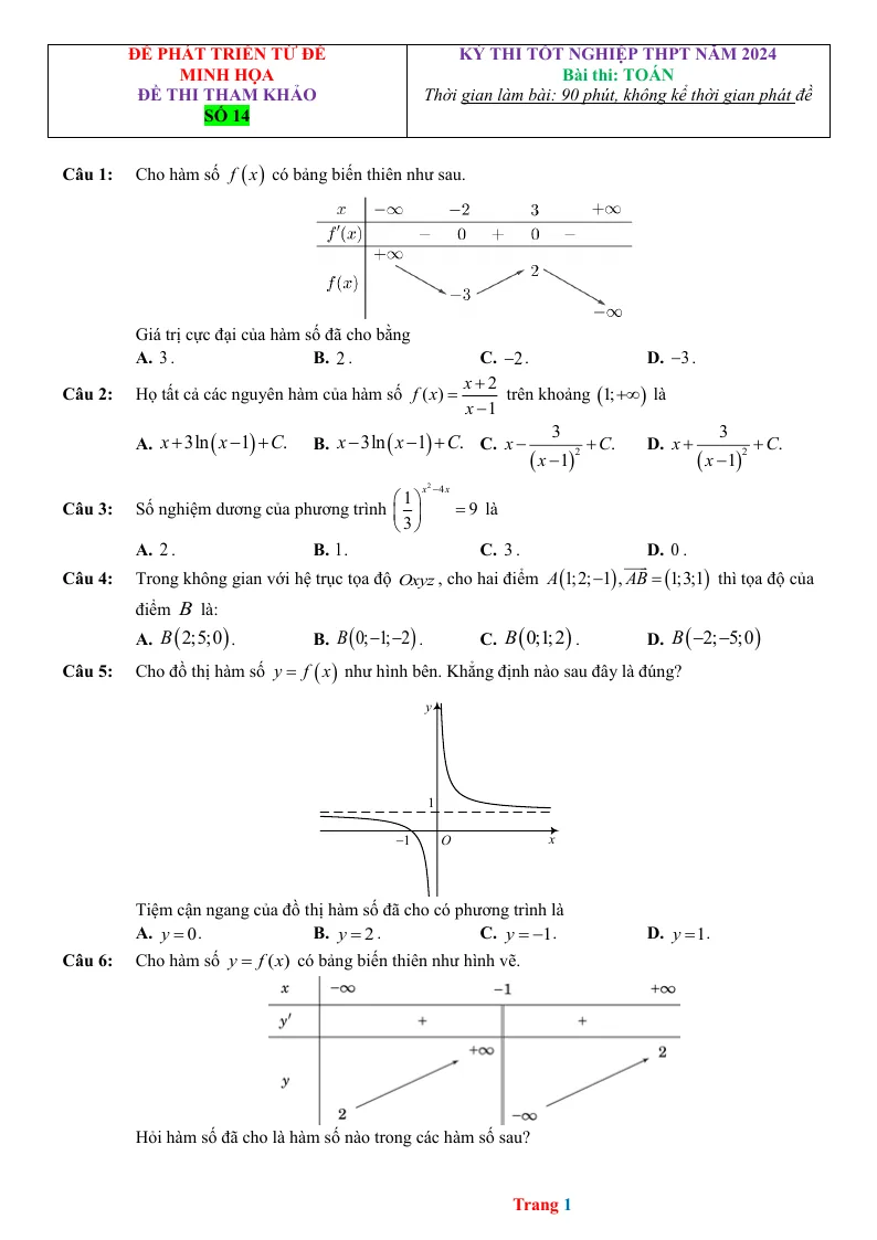 Đề Ôn Thi Toán Tốt Nghiệp THPT 2024 Bám Sát Đề Minh Họa Giải Chi Tiết - Đề 14