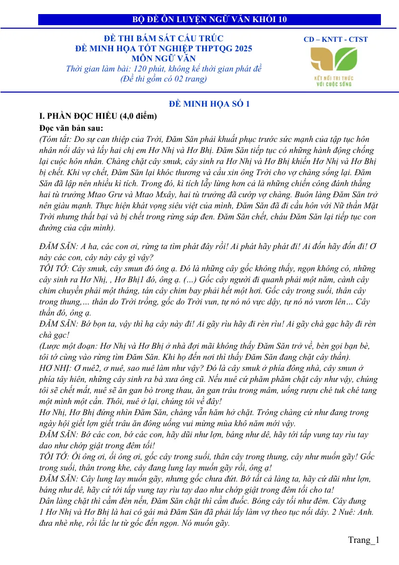 10 Đề Luyện Thi Ngữ Văn 10 Theo Cấu Trúc Mới