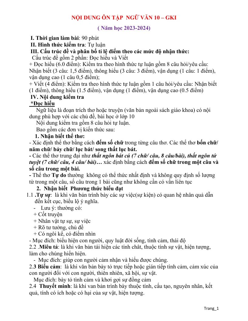 Nội Dung Ôn Tập Giữa Học Kỳ 1 Ngữ Văn 10