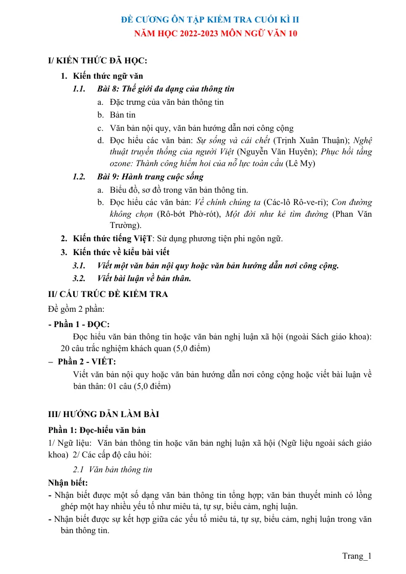 Đề Cương Ôn Tập Học Kỳ 2 Ngữ Văn 10