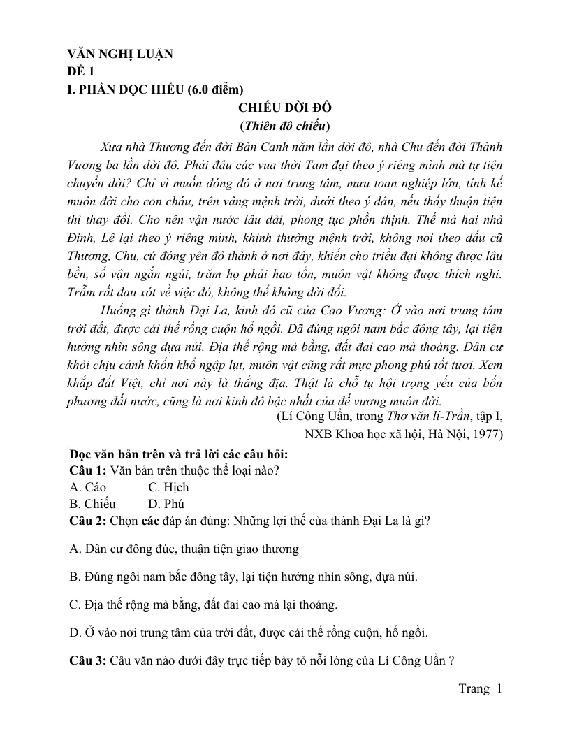 Bộ Đề Ôn Thi HK1 Ngữ Văn 10