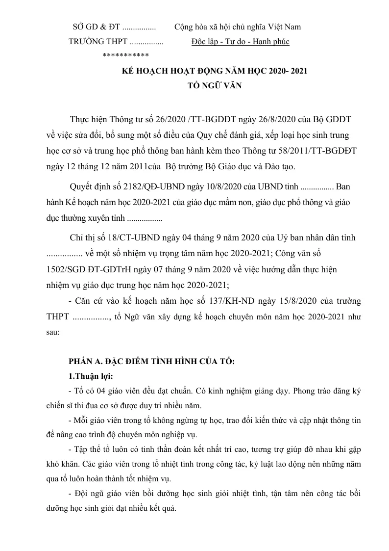 Kế Hoạch Chuyên Môn Tổ Ngữ Văn THPT Năm 2020 - 2021