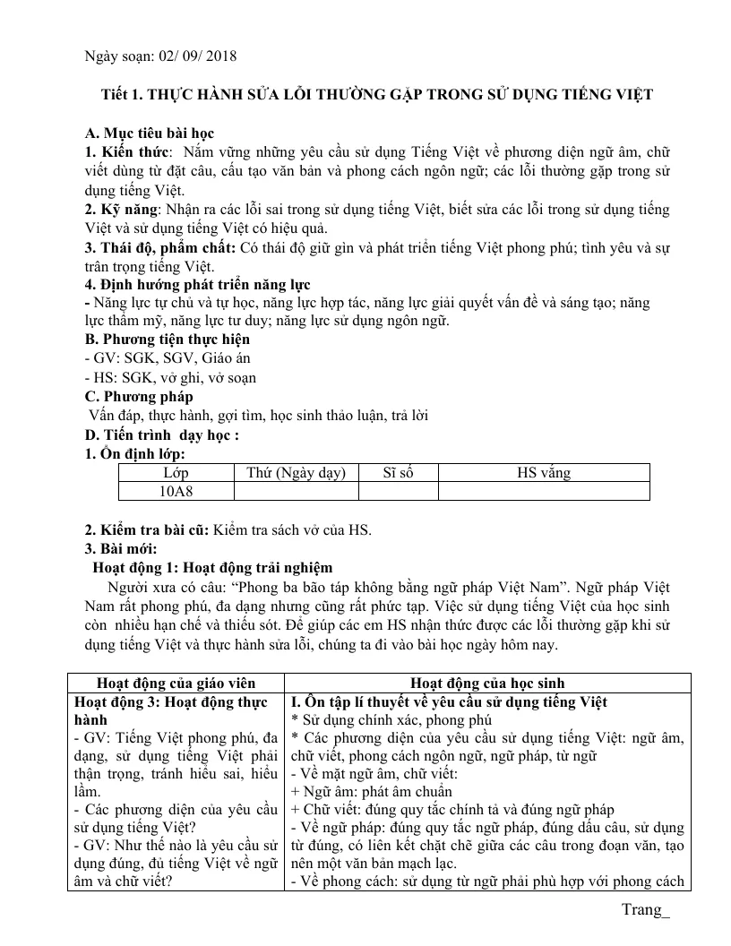 Giáo Án Tự Chọn Ngữ Văn 10 Theo Định Hướng Phát Triển Năng Lực