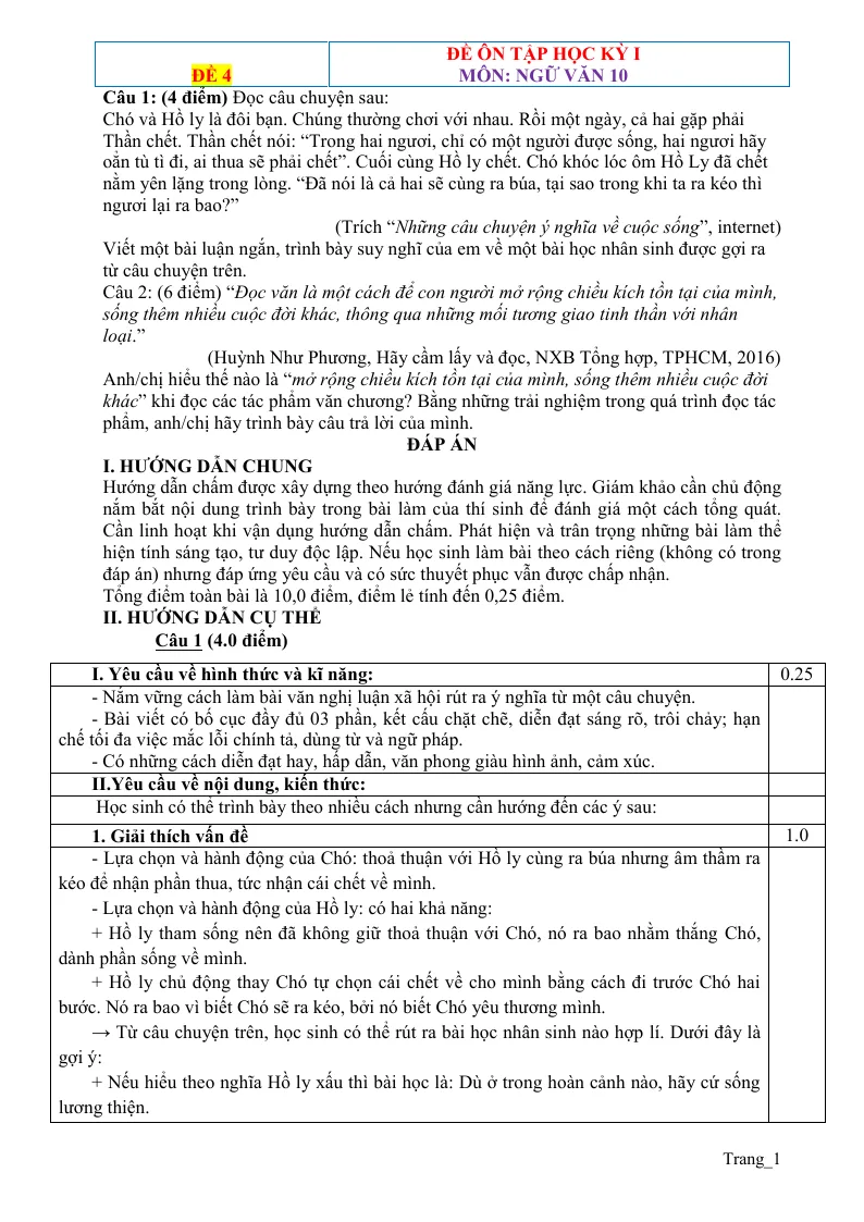 Đề Ôn Thi HK1 Môn Ngữ Văn 10 Có Đáp Án - Đề 4