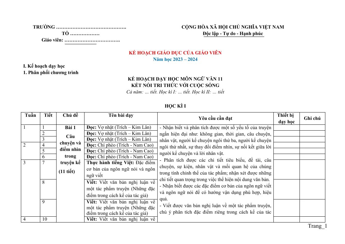 Kế Hoạch Giáo Dục Ngữ Văn 11