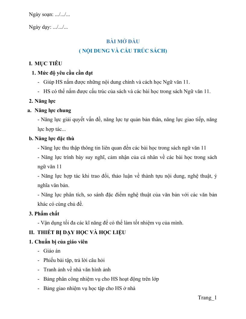 Giáo Án Ngữ Văn 11 Học Kỳ 1 Phương Pháp Mới