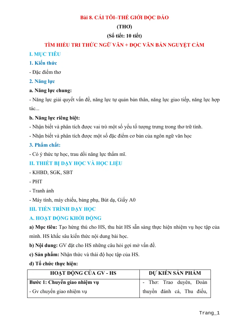Giáo Án Ngữ Văn 11 Bài 8 Cái Tôi–Thế Giới Độc Đáo