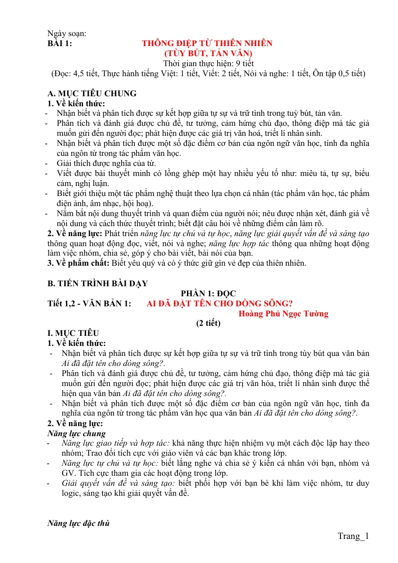 Giáo Án Ngữ Văn 11 Bài 1 Thông Điệp Từ Thiên Nhiên