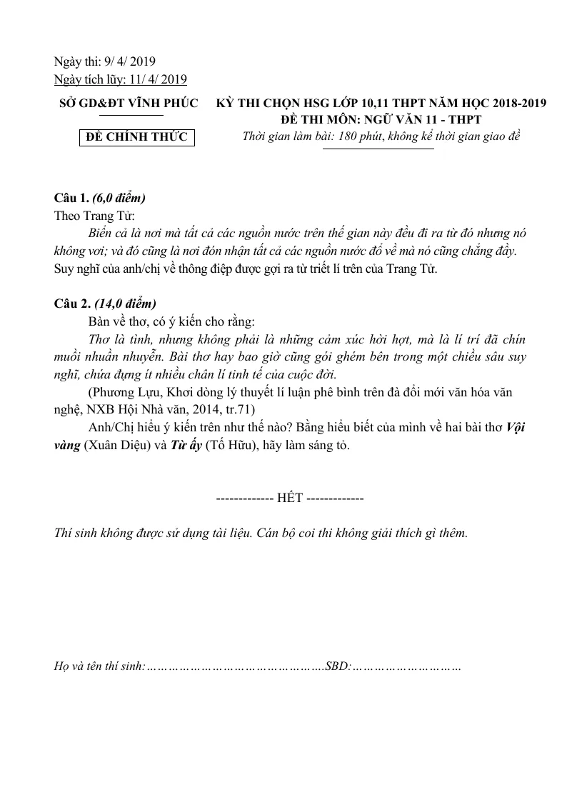 Đề Thi Học Sinh Giỏi Văn 11 Tỉnh Vĩnh Phúc Năm 2019