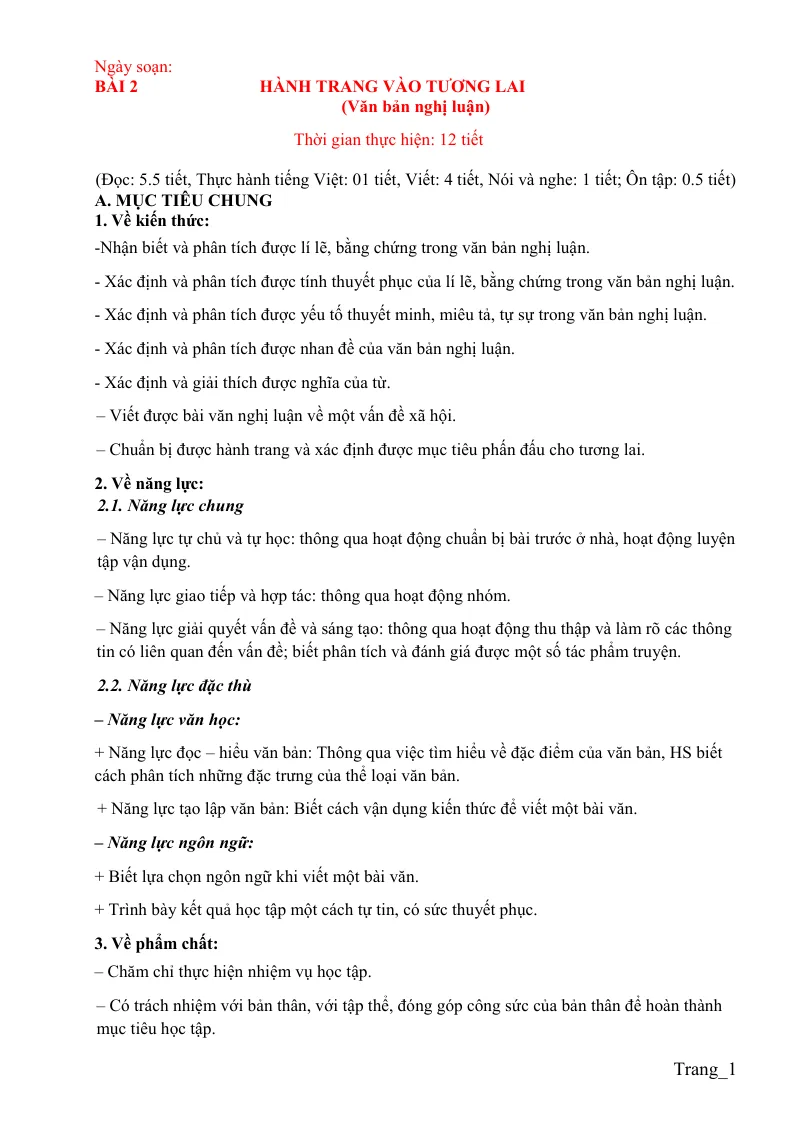 Giáo Án Ngữ Văn 11 Bài 2 Hành Trang Vào Tương Lai