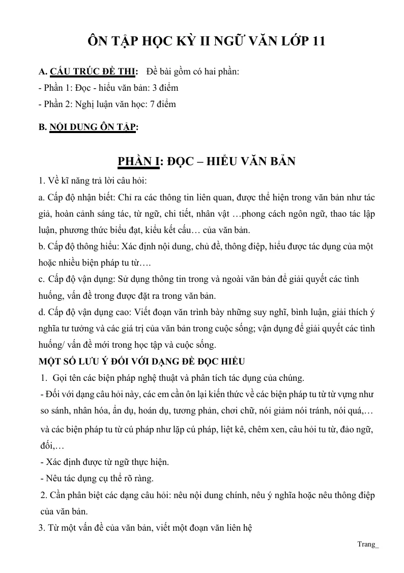 Nội Dung Ôn Tập Ngữ Văn 11 Học Kỳ 2