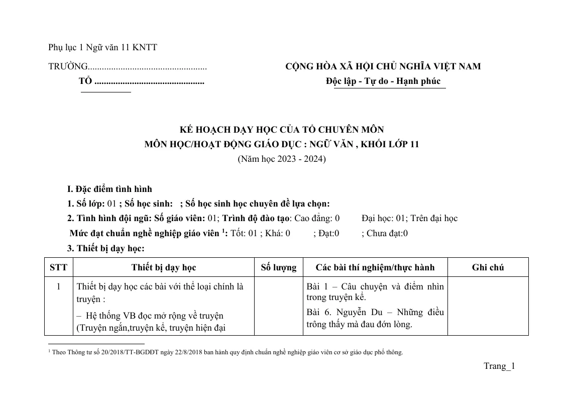 Kế Hoạch Dạy Học Ngữ Văn 11