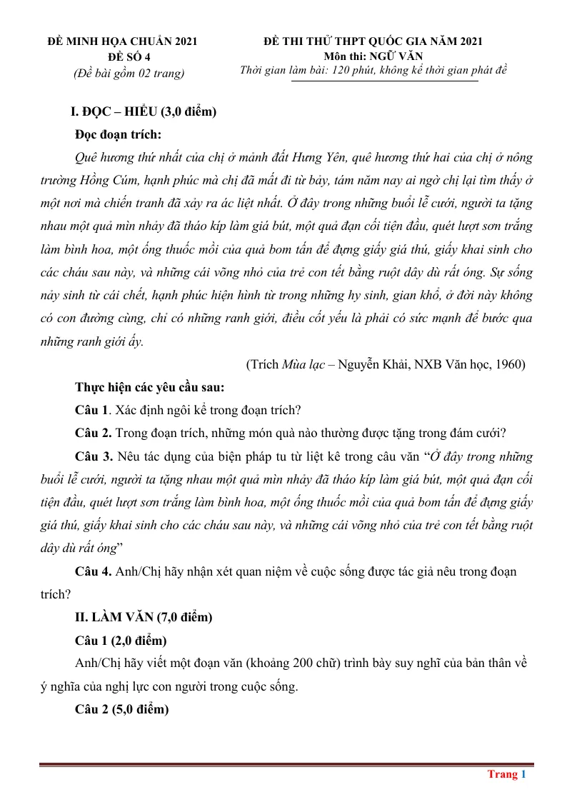 Đề Thi Thử Tốt Nghiệp THPT 2021 Môn Ngữ Văn Theo Đề Minh Họa Đáp Án Và Lời Giải Chi Tiết (Đề 4)