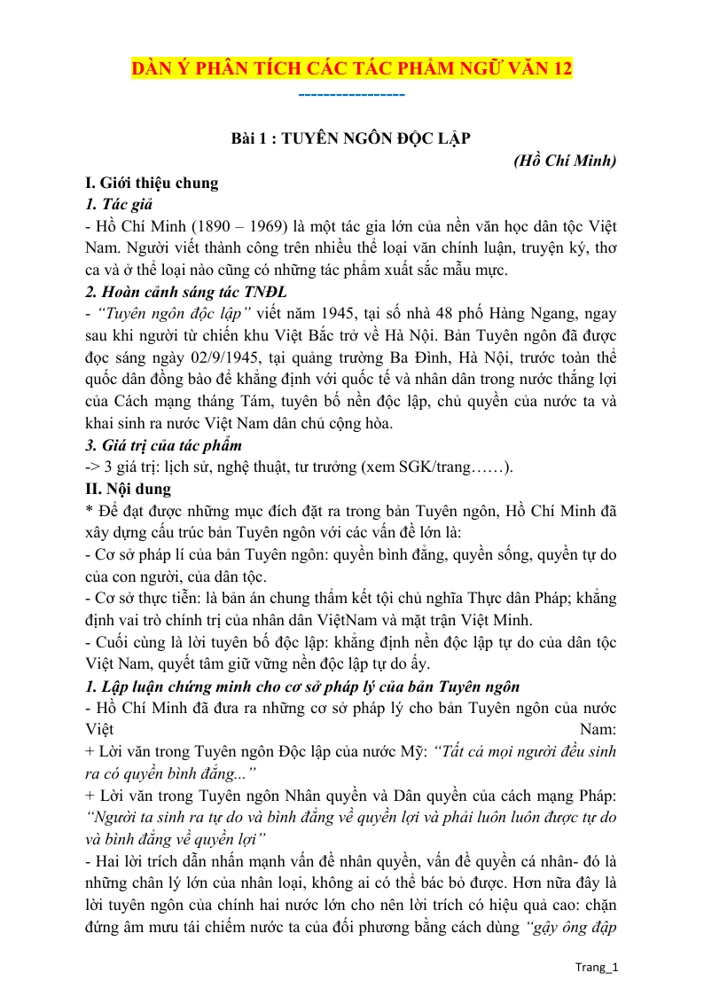 Bộ Dàn Ý Phân Tích Các Tác Phẩm Môn Ngữ Văn Lớp 12