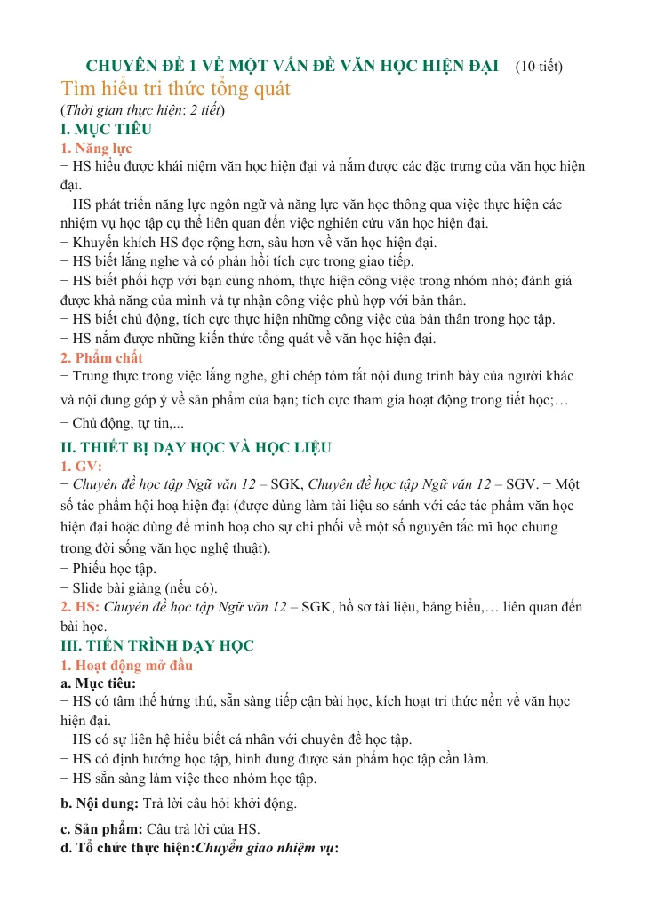 Kế Hoạch Bài Dạy Chuyên Đề Ngữ Văn 12