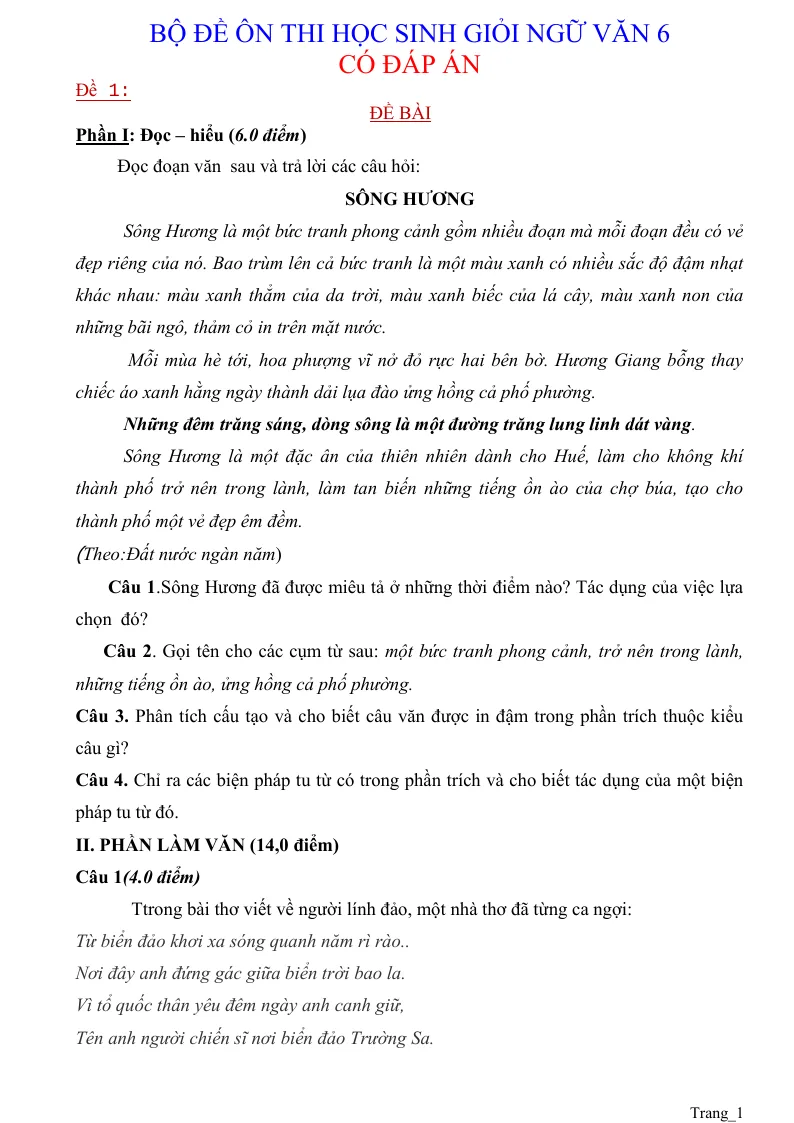 Bộ Đề Ôn Thi HSG Ngữ Văn 6