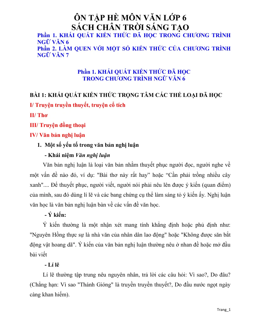 Tài Liệu Ôn Hè Ngữ Văn 6 Lên 7
