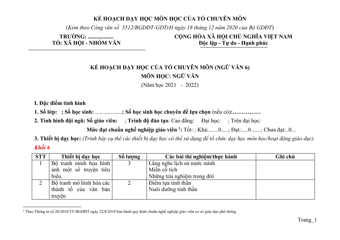 Kế Hoạch Dạy Học Tổ Chuyên Môn Ngữ Văn 6 Sách