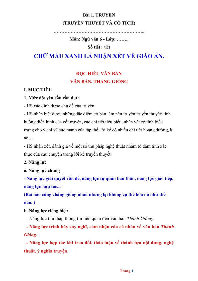 Giáo Án Ngữ Văn 6 Sách Học Kỳ 1 Phương Pháp Mới - Bộ 1