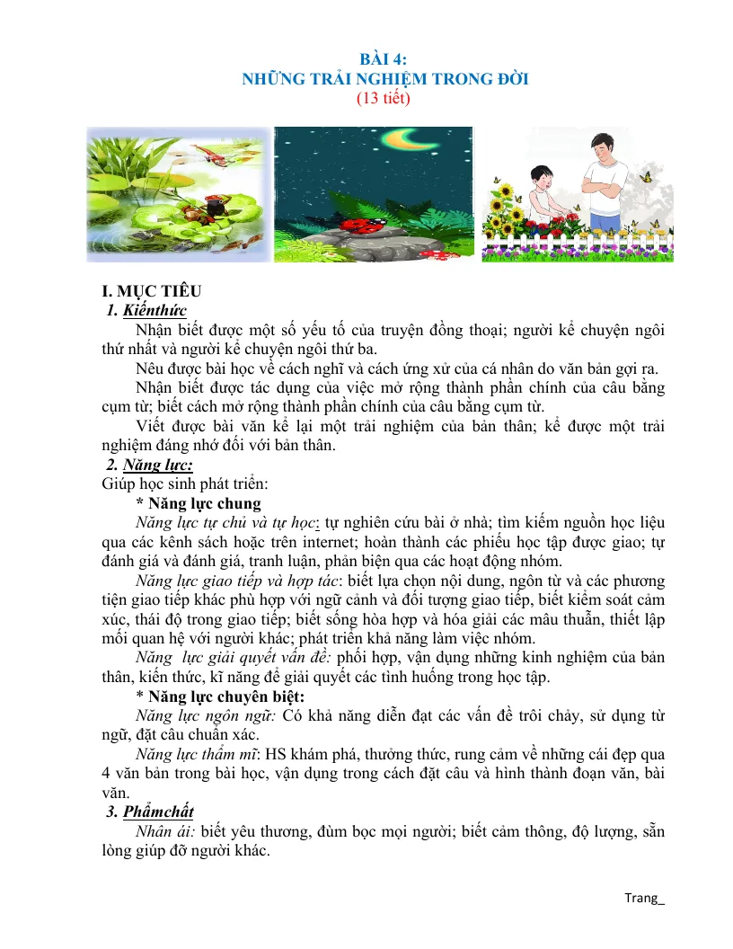 Giáo Án Ngữ Văn 6 Sách Bài 4: Những Trải Nghiệm Trong Đời