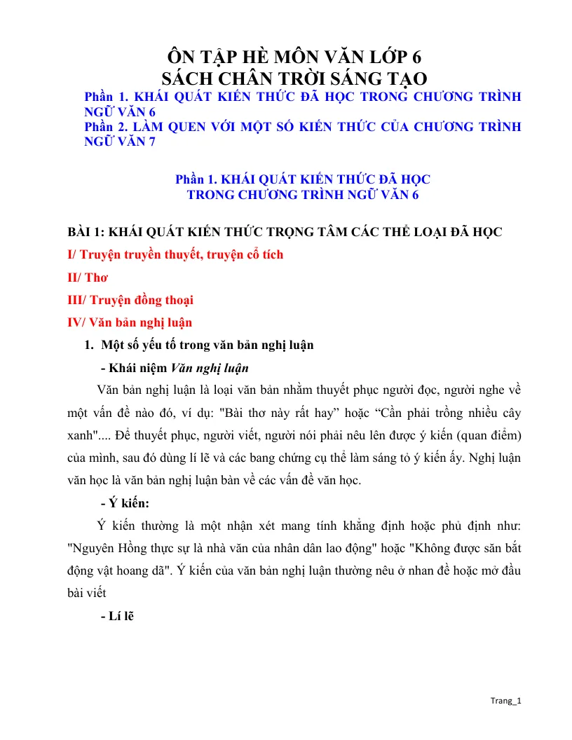 Giáo Án Ôn Hè Ngữ Văn 6 Lên 7