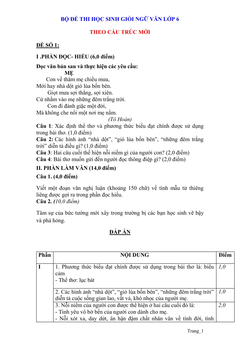 Bộ Đề Thi HSG Ngữ Văn 6 Theo Cấu Trúc Mới