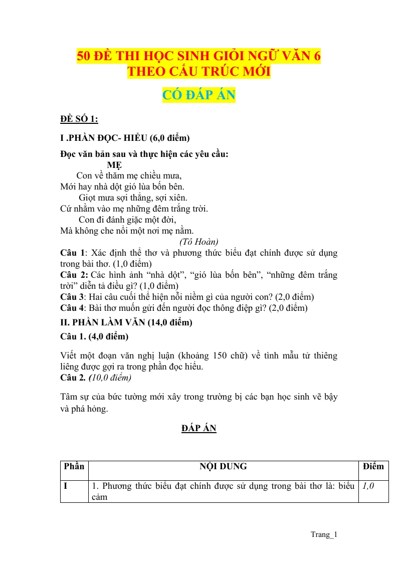 50 Đề Thi Học Sinh Giỏi Ngữ Văn 6 Theo Cấu Trúc Mới