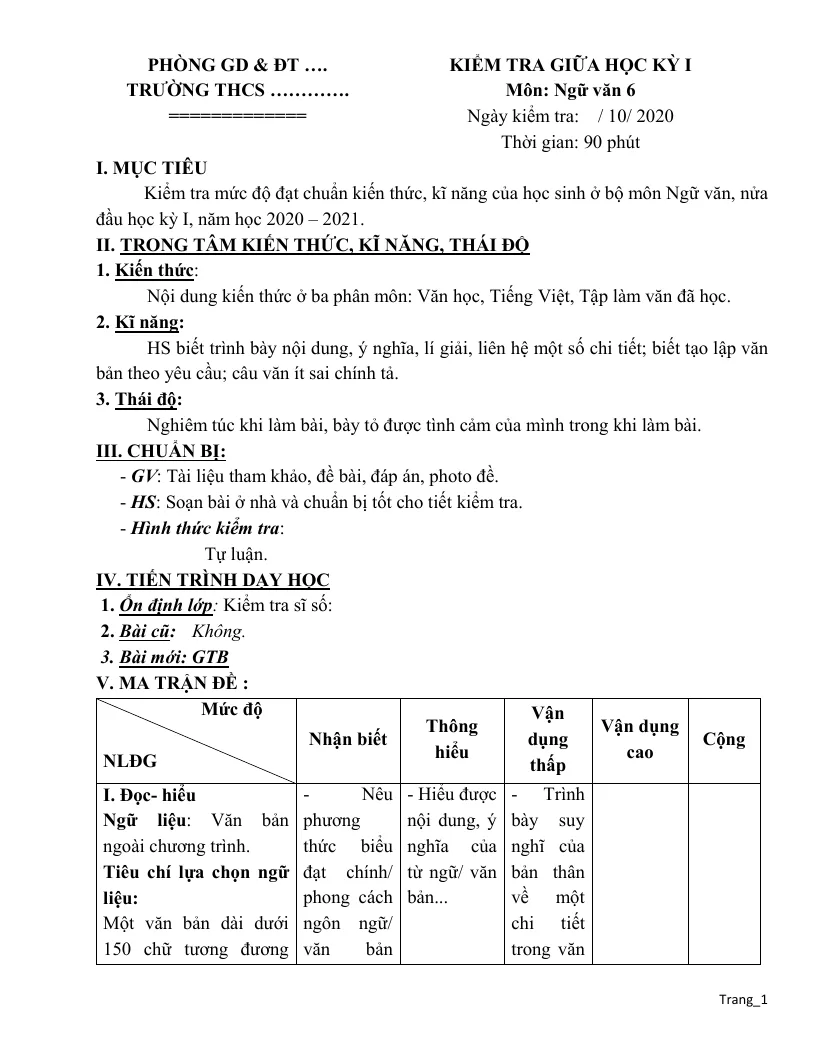 Đề Kiểm Tra Giữa HK1 Ngữ Văn 6,7,8,9 Có Đáp Án Và Ma Trận Đề