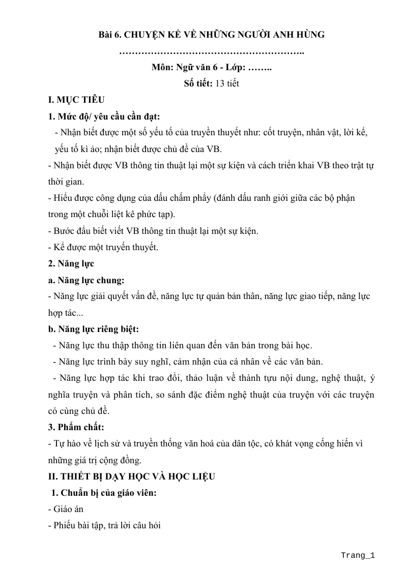 Kế Hoạch Bài Dạy Ngữ Văn 6 Học Kỳ 2 - Bộ 2