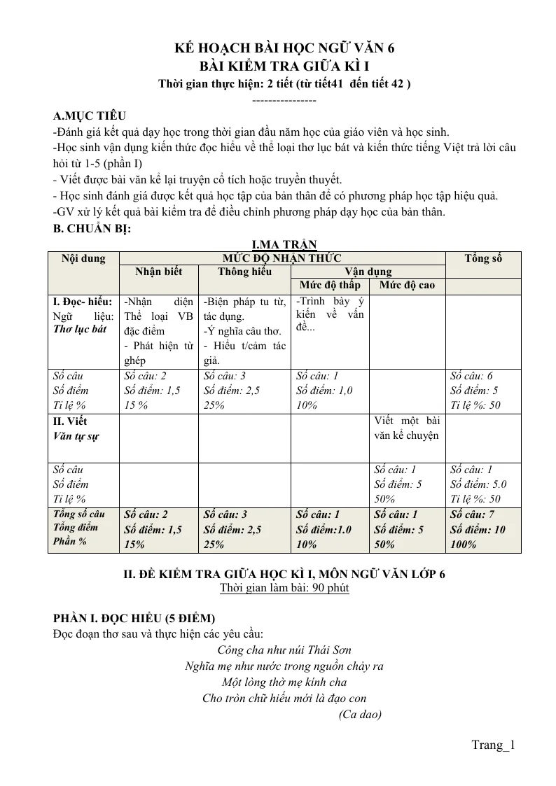 Đề Kiểm Tra Giữa HK1 Ngữ Văn 6 Có Đáp Án Và Ma Trận Đề