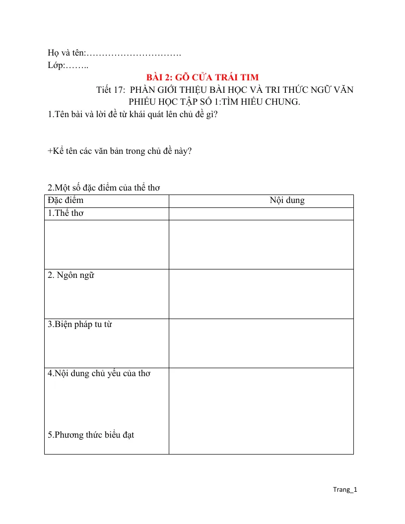 Phiếu Học Tập Văn 6 Bài 2 Gõ Cửa Trái Tim