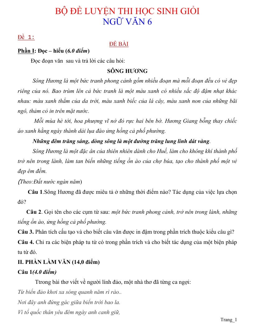 Bộ Đề Ôn Thi Học Sinh Giỏi Ngữ Văn 6