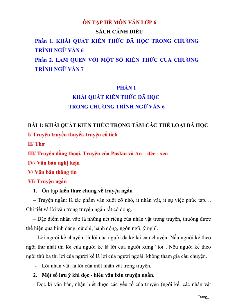 Tài Liệu Ôn Hè Ngữ Văn 6 Lên 7