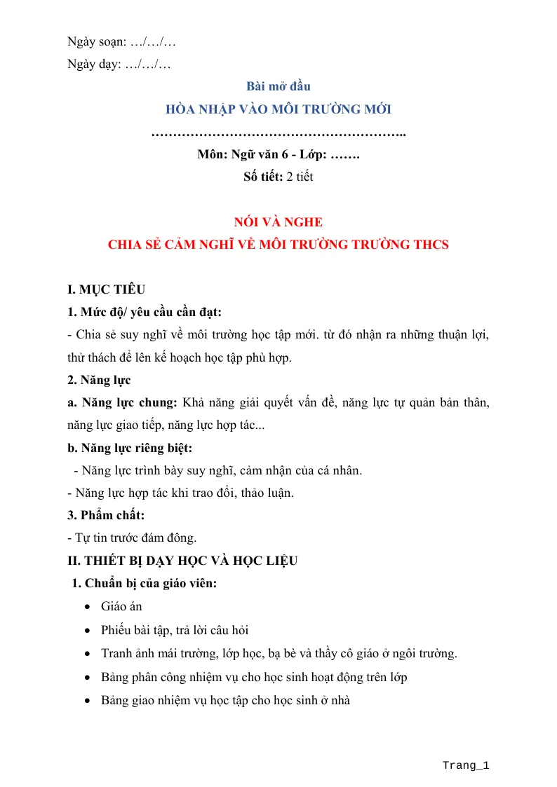 Giáo Án Môn Văn 6 Học Kỳ 1 - Bộ 2