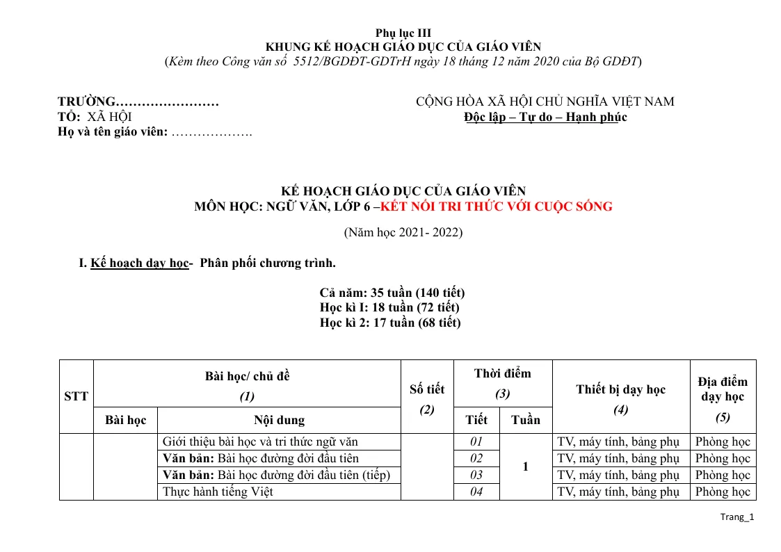 Kế Hoạch Giáo Dục Ngữ Văn 6 Sách