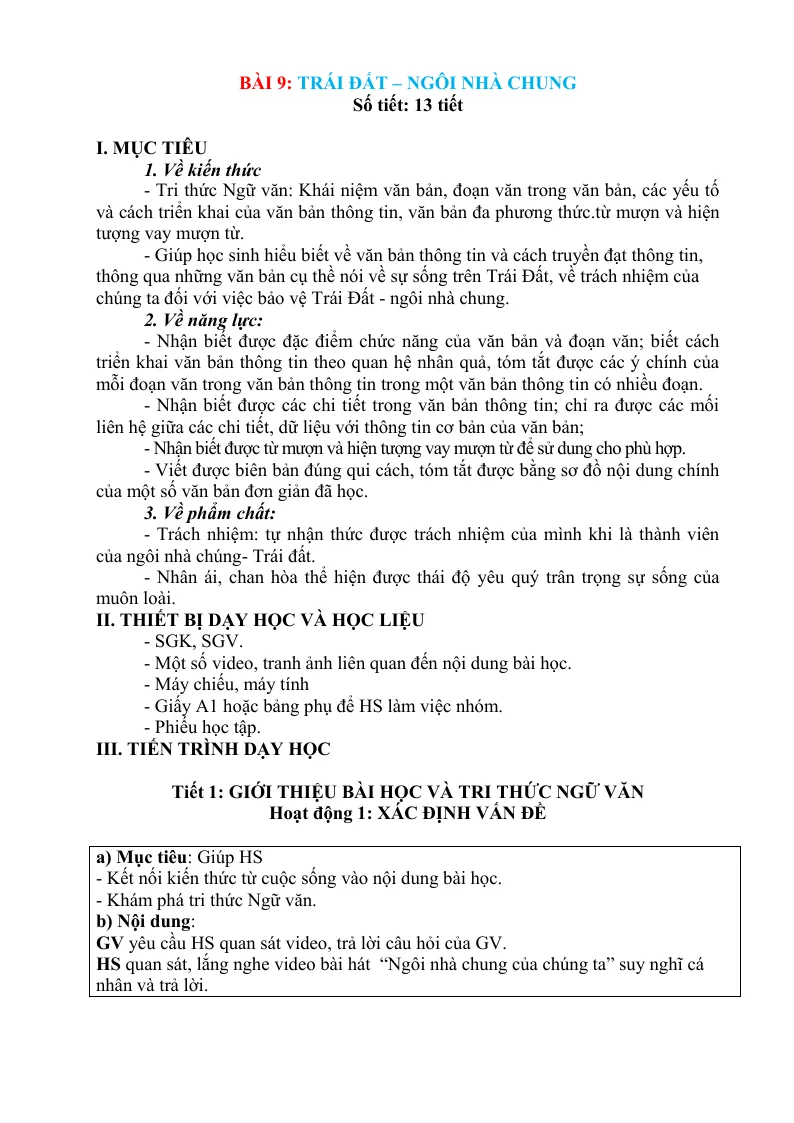Giáo Án Môn Văn 6 Bài 9: Trái Đất - Ngôi Nhà Chung Sách
