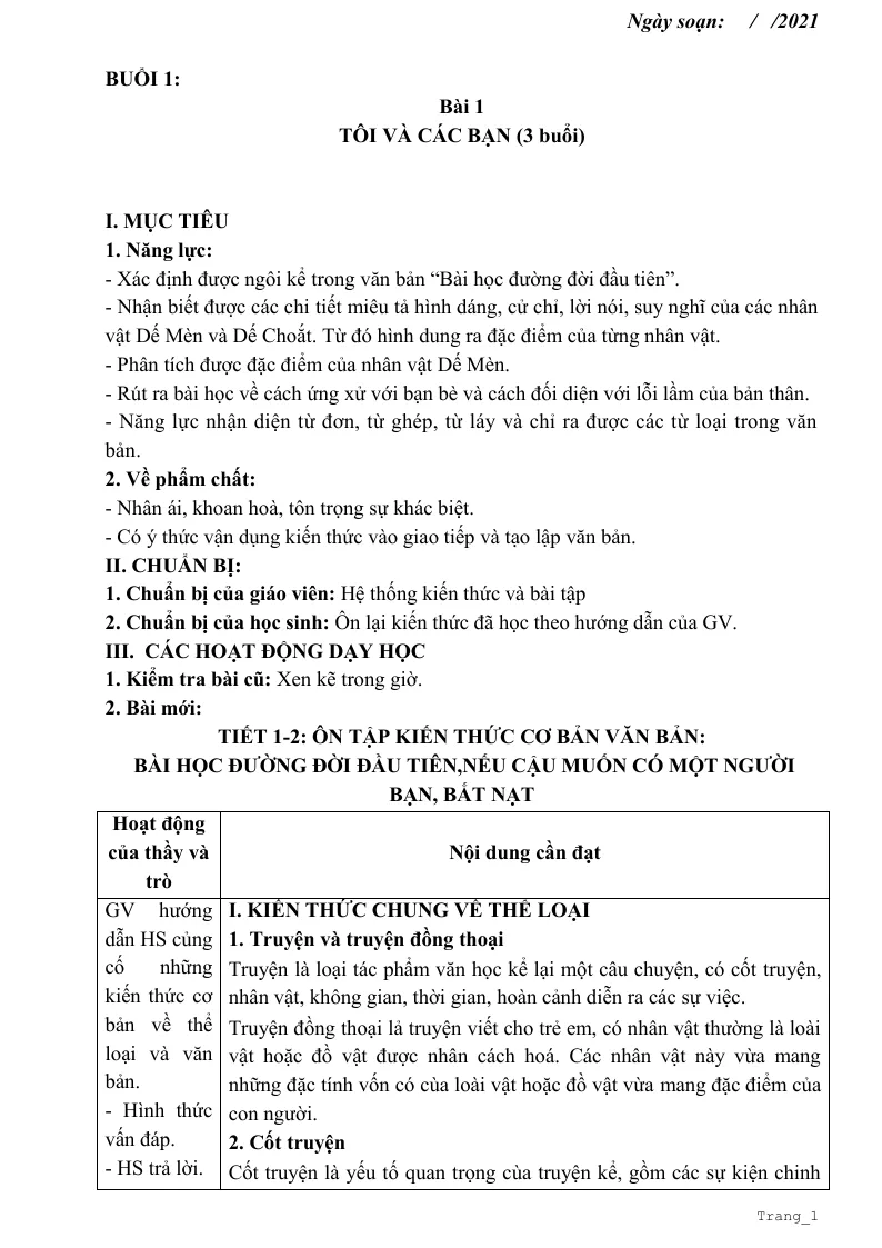 Giáo Án Dạy Thêm Văn 6 HK1 Bộ Sách