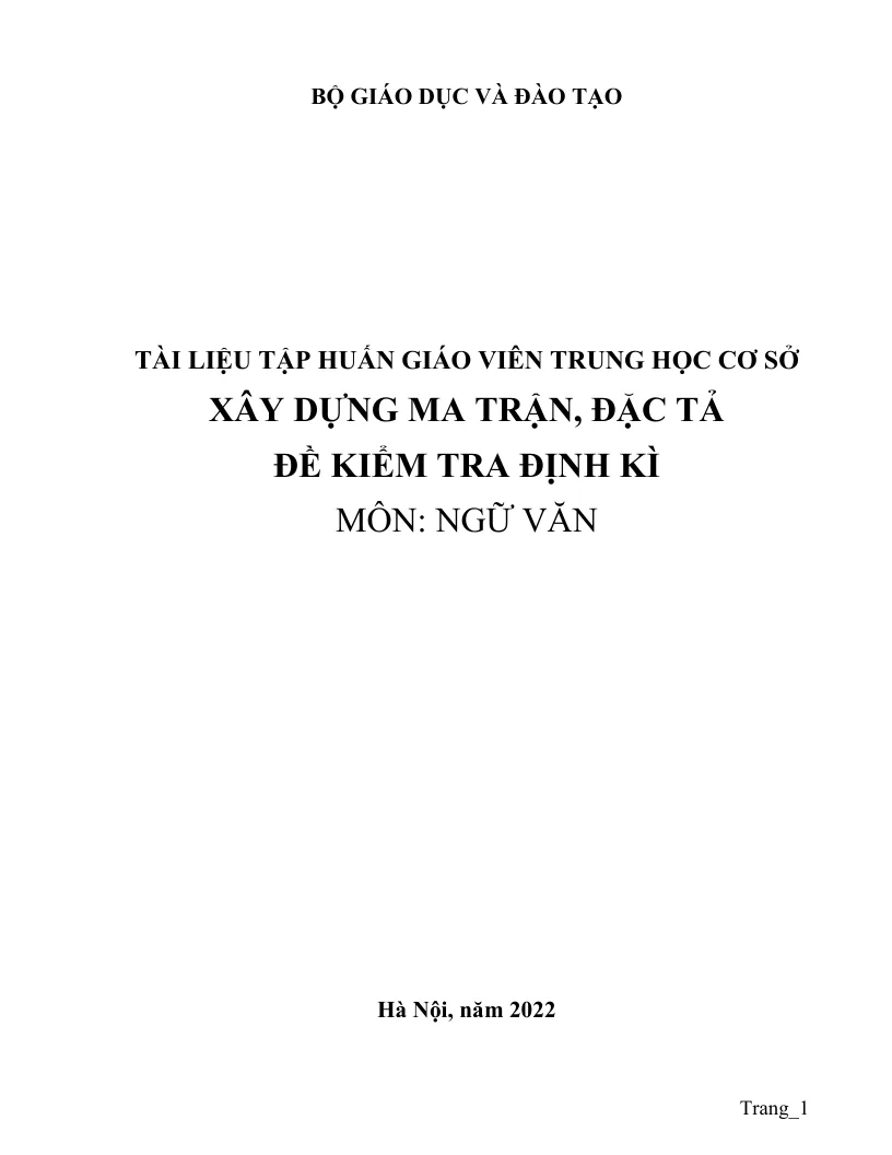 Tài Liệu Tập Huấn Xây Dựng Ma Trận Đặc Tả Đề Kiểm Tra Ngữ Văn THCS